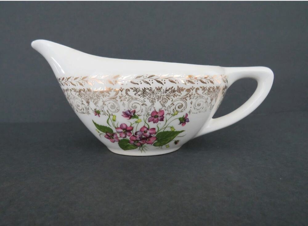 Vintage Knowles Wild Violets Gold Filigree Creamer Pitcher Porcelain USA 7"